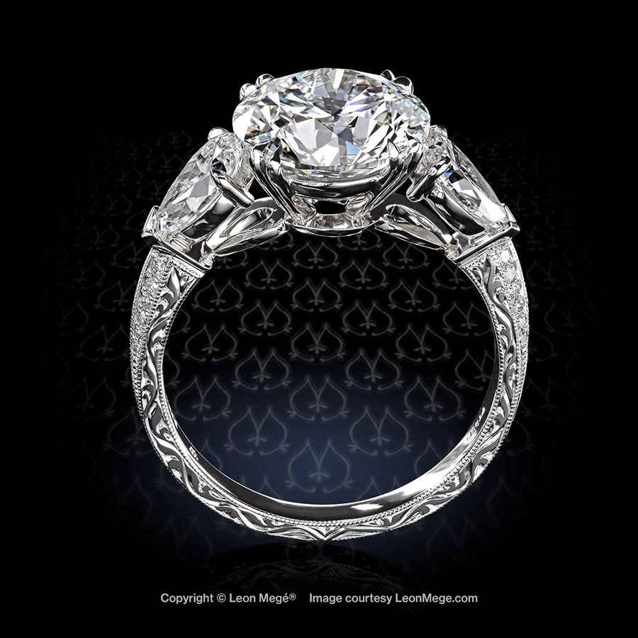 Leon Megé bespoke hand-engraved three-stone ring with round and pear-shaped diamonds pave r8502