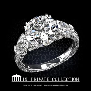Leon Megé bespoke hand-engraved three-stone ring with a round and pear-shaped diamonds pave r8502