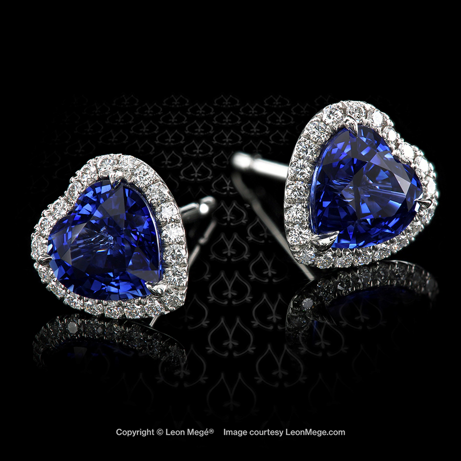 Leon Megé studs featuring heart-shape Ceylon sapphires surrounded with diamond pave e8097