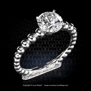 Leon Mege elegant "Rosary" solitaire centering a stunning round diamond and finished with a crisp pave on the Podium™ base