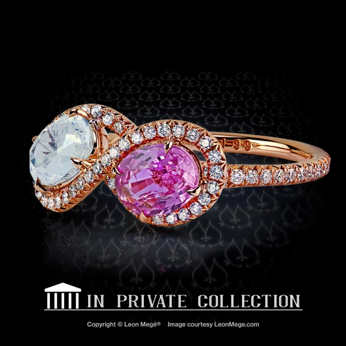 Leon Megé Toi et Moi ring with fancy white diamond and pink sapphire in rose gold r6199