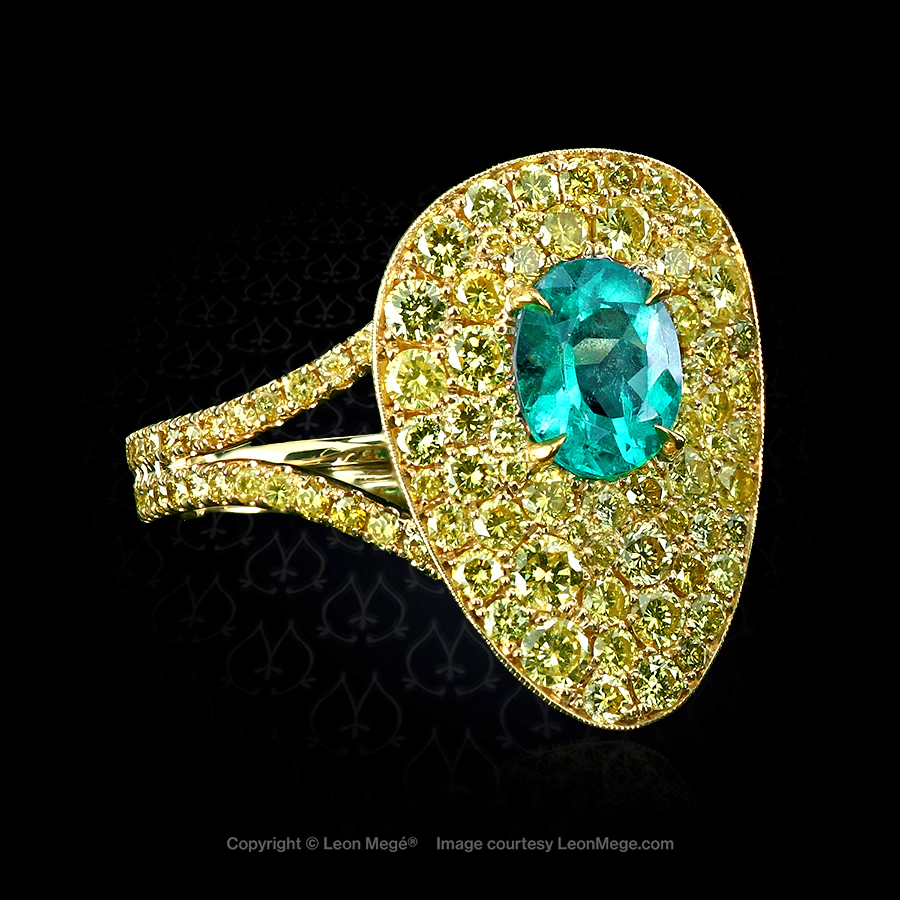 Leon Mege right-hand ring with an oval Paraiba-like emerald and fancy yellow diamond pave r8007