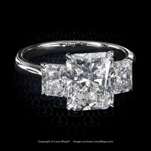 Leon Megé classic three-stone ring with radiant cut diamonds in single claw prongs r8045