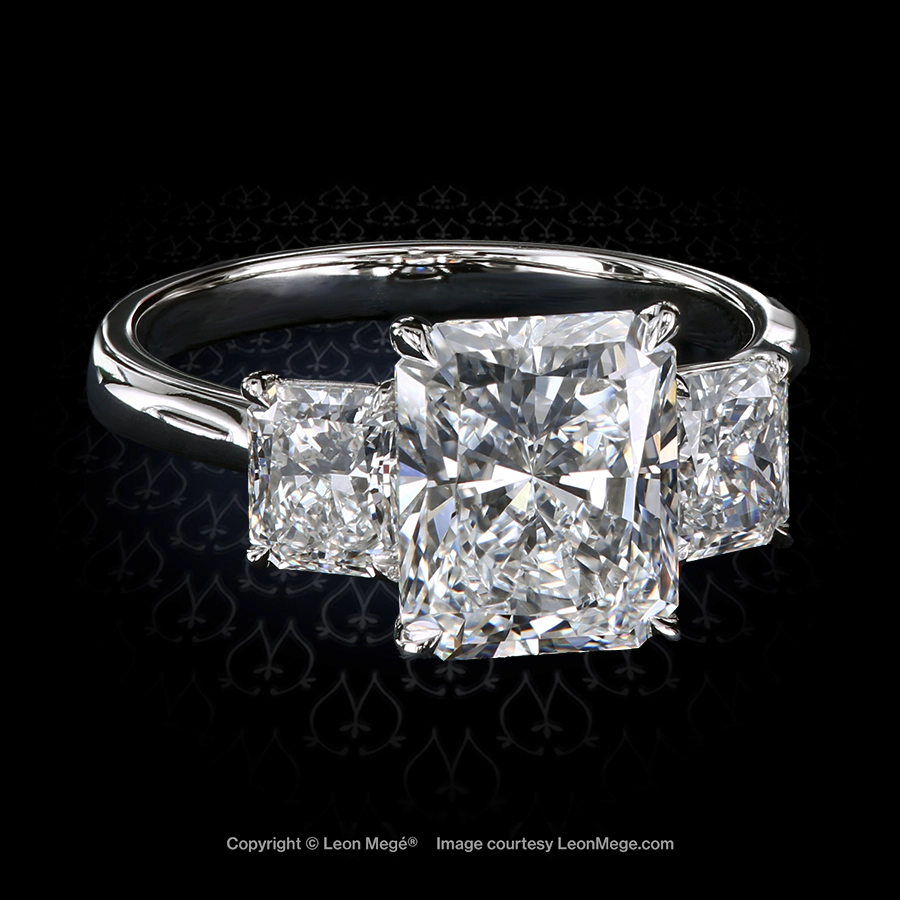 Leon Megé classic three-stone ring with radiant cut diamonds in single claw prongs r8045