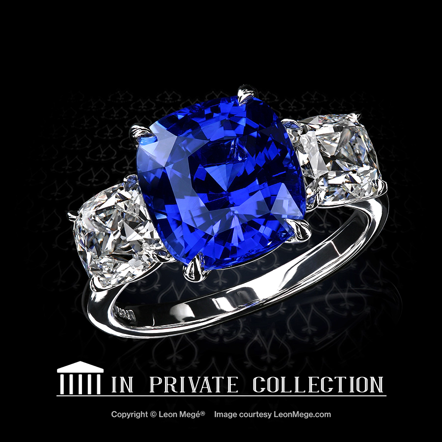 Leon Megé exquisite three-stone right-hand platinum ring with True Antique™ cushion side stones r8051