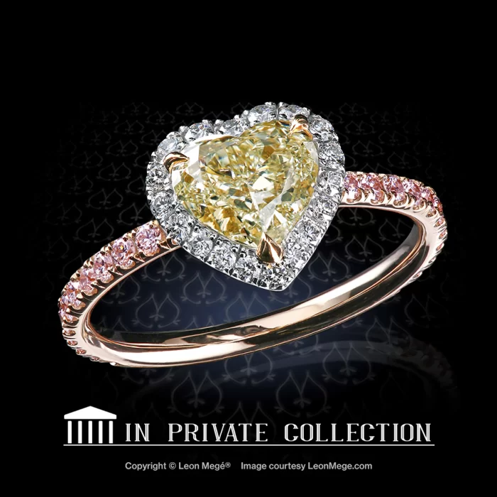 Leon Megé 811™ halo featuring a heart shaped fancy yellow diamond on a pink gold shank set with fancy pink diamonds r8052