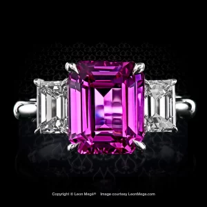 Right-hand three-stone ring with a natural pink sapphire and emerald-cut diamonds r8105