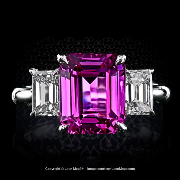 Right-hand three-stone ring with a natural pink sapphire and emerald-cut diamonds r8105