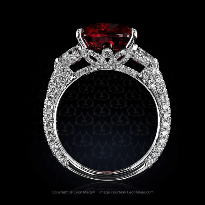 Leon Megé three-stone micro-pave ring with a cushion-shaped ruby and step-cut diamonds r8169
