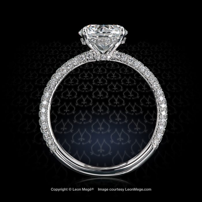 Leon Megé 413™ solitaire with a round diamond on a skinny shank with wraparound micro pave r8217