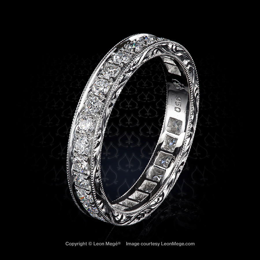 Leon Megé 101™ eternity hand-engraved wedding band with bright-cut natural diamond pave r8541