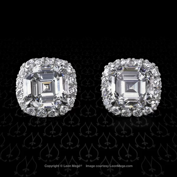 Leon Megé platinum studs with a pair of matching Asscher cut diamonds in micro pave halos e7264