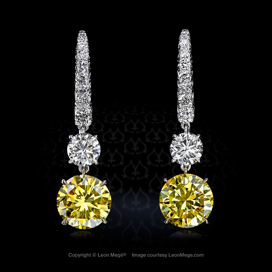 Leon Megé drop earrings featuring natural white and fancy-yellow diamonds on French wire e7770
