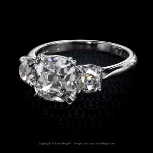Leon Megé classic three-stone ring with True Antique cushion diamond r5495