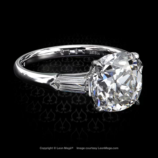 Leon Megé three-stone ring with a True Antique™ cushion diamond and step-cut bullets r5815