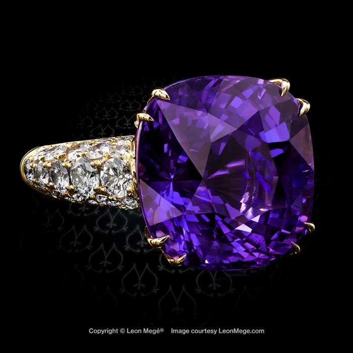 Leon Megé giant purple sapphire statement ring with a hint of diamond pave on the shank r6525