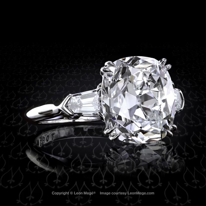 Leon Megé stunning three-stone ring with True Antique™ cushion diamond and step-cut bullets r7092