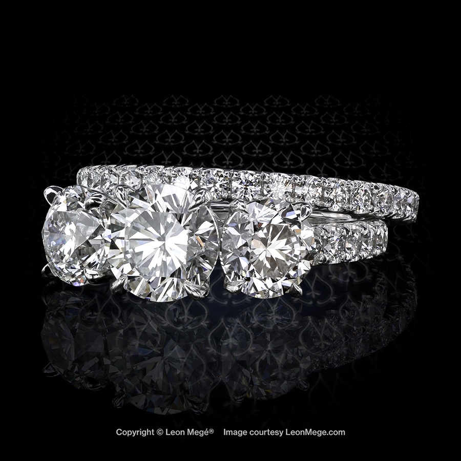 Leon Megé three-stone engagement ring featuring micro pave accented round diamonds r7102