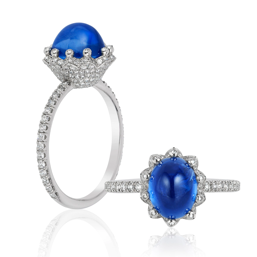 Leon Megé Bellflower™ right-hand ring featuring a blue sapphire cab in micro pave flower setting r7201