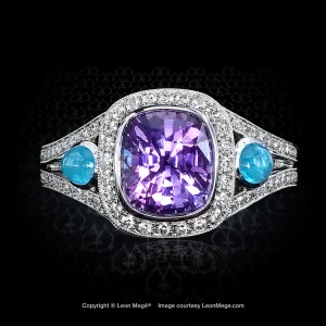 Leon Megé right-hand ring with a bezel-set purple sapphire and a pair of Paraiba cabs r7283