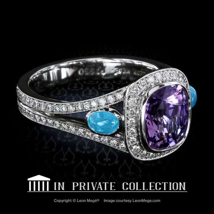Leon Megé right-hand ring with a bezel-set purple sapphire and a pair of Paraiba cabs r7283