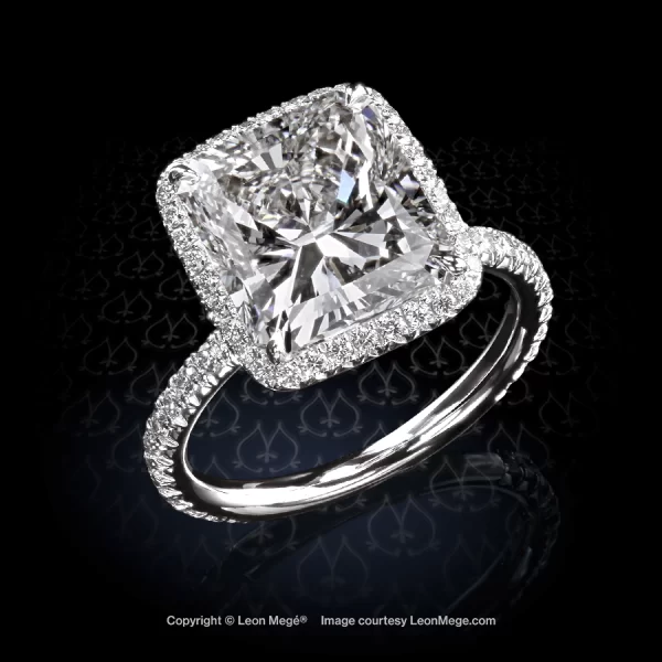 Leon Megé 811™ ring with a cute gently-elongated Radiant in a micro pave halo on a dainty shank r7639