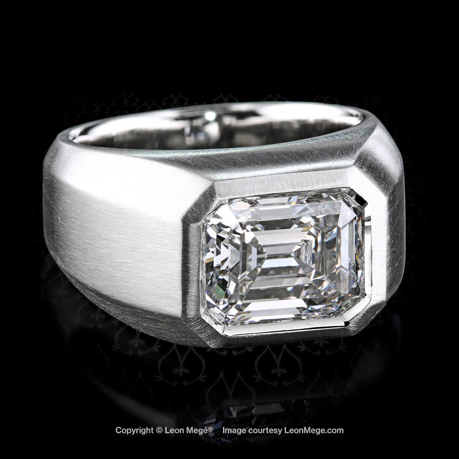 Leon Megé "Verum Homines" men's ring in platinum set East-West with an emerald cut diamond r7758