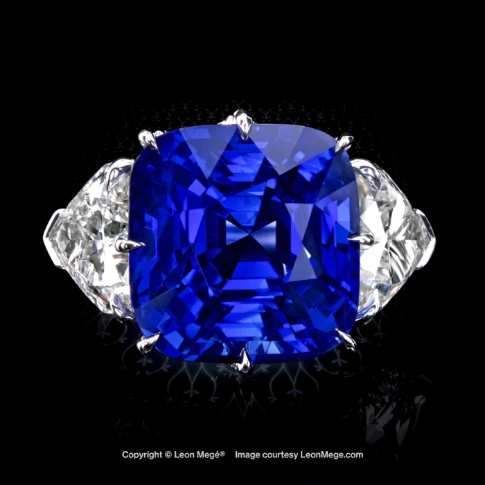 Leon Megé three-stone ring with a cushion sapphire and heart shaped diamonds r7791