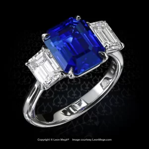 Leon Megé bespoke three-stone platinum ring with an emerald-cut blue sapphire and matching pair of emerald-cut diamonds r7804