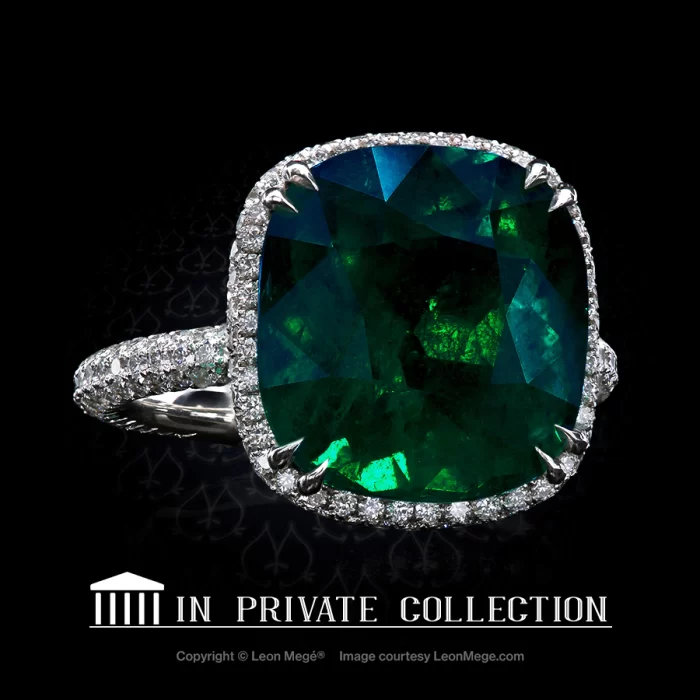 Leon Megé bespoke 833™ halo ring with a Colombian emerald drizzled with micro pave diamonds r7883