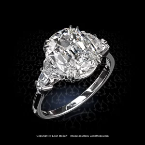 Leon Mege True Antique cushion diamond in a bespoke platinum engagement ring with step cut half-moon diamonds and bullets r8466