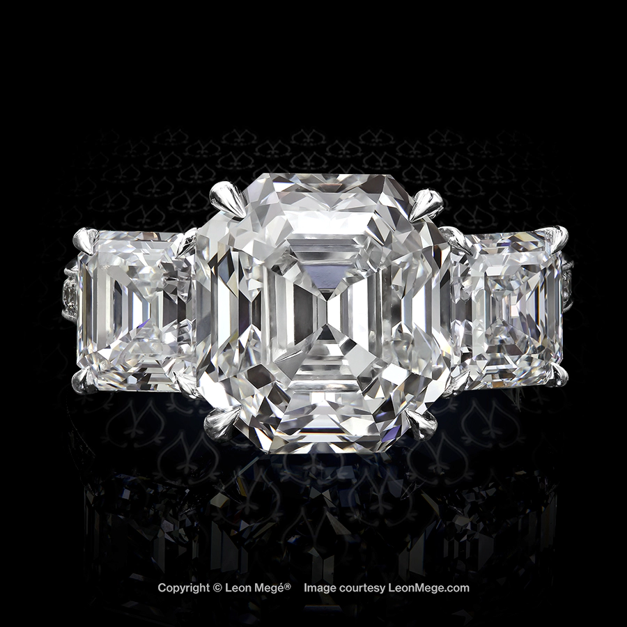 Leon Megé three-stone engagement ring with Antique Asscher cut diamond, matching Asscher-cut side-stones, and bright-cut pave with millgrain r4900