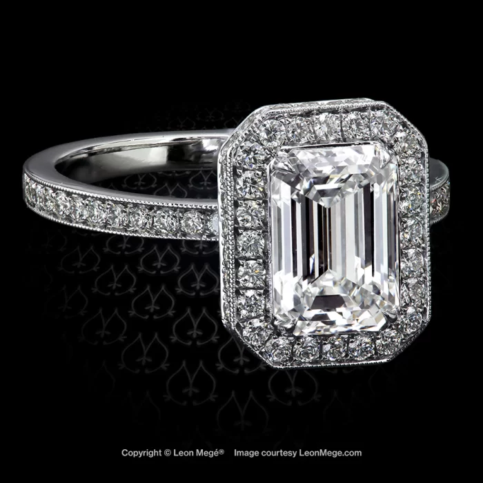 Leon Megé 621™ engagement ring with an emerald-cut diamond in bright-cut pave halo r5142