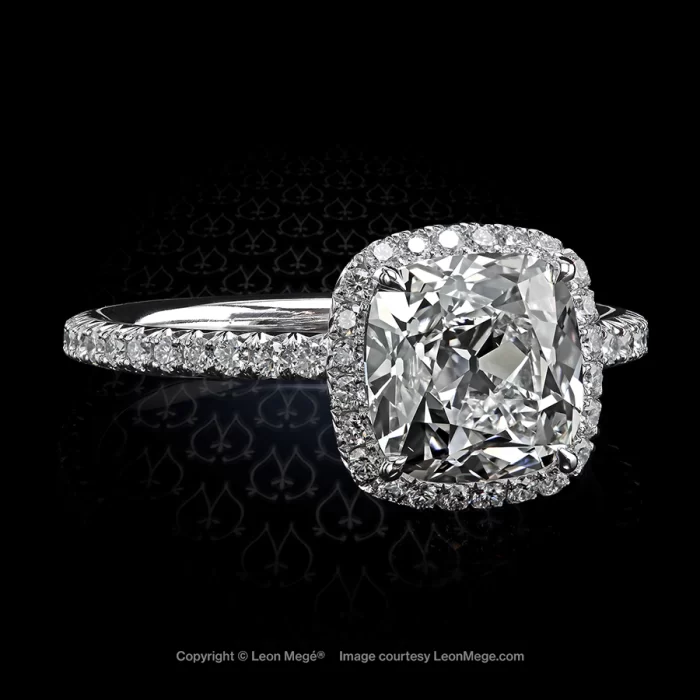 Leon Megé 811™halo ring with an exquisite True Antique™ cushion diamond with bespoke pave r6304