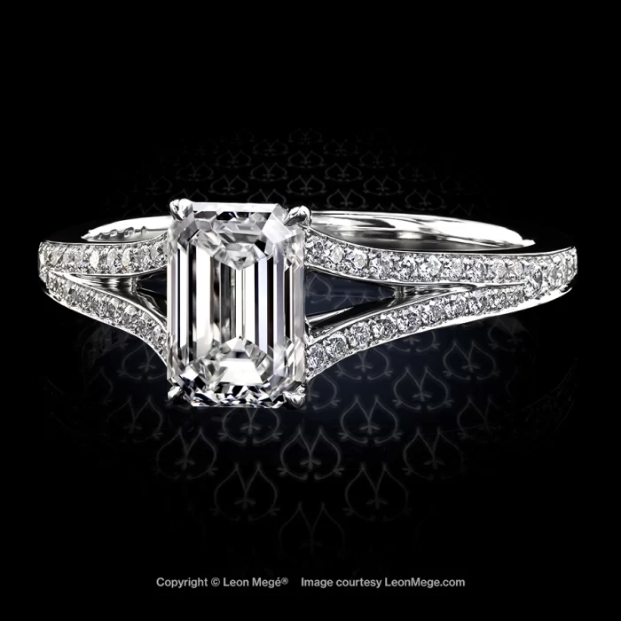 Leon Megé engagement ring with an emerald cut diamond on a split shank with bright-cut pave r6571