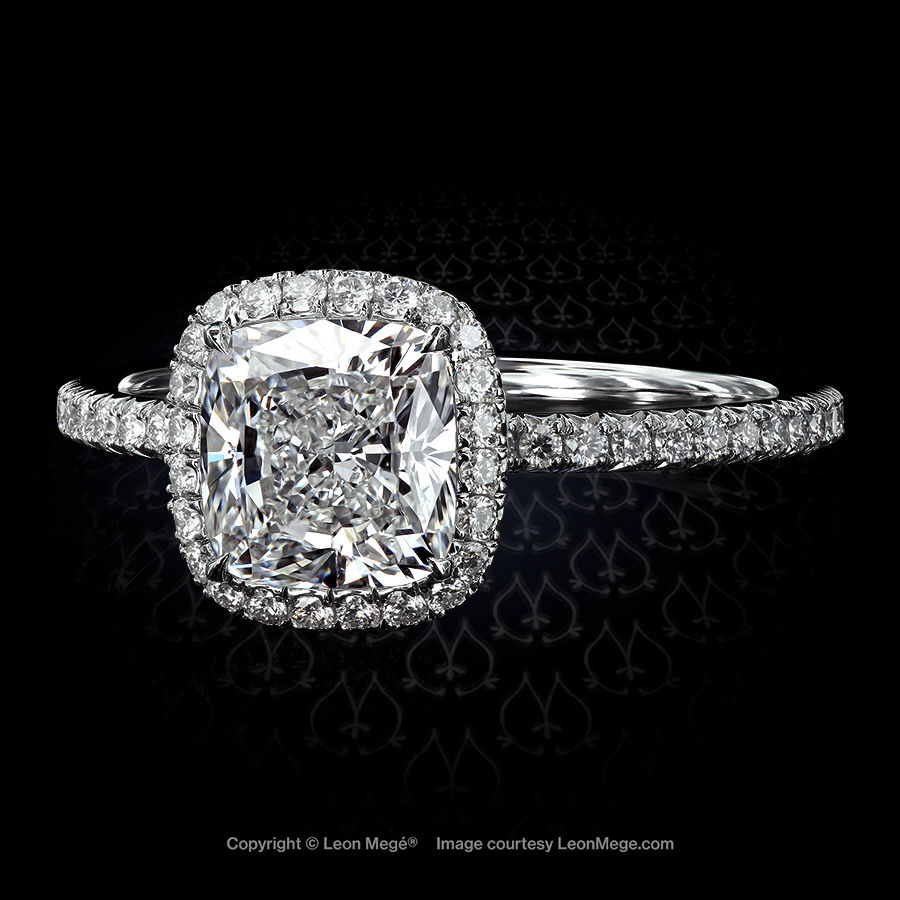 Leon Megé 811™ halo engagement ring in platinum with a cushion cut diamond r6572