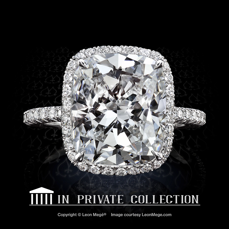 Leon Megé 811™ engagement ring with a cushion diamond in elegant halo design with micro pave r6599