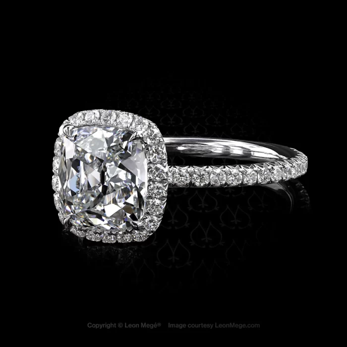 Leon Megé 811™ halo engagement ring featuring a True Antique cushion diamond r6626