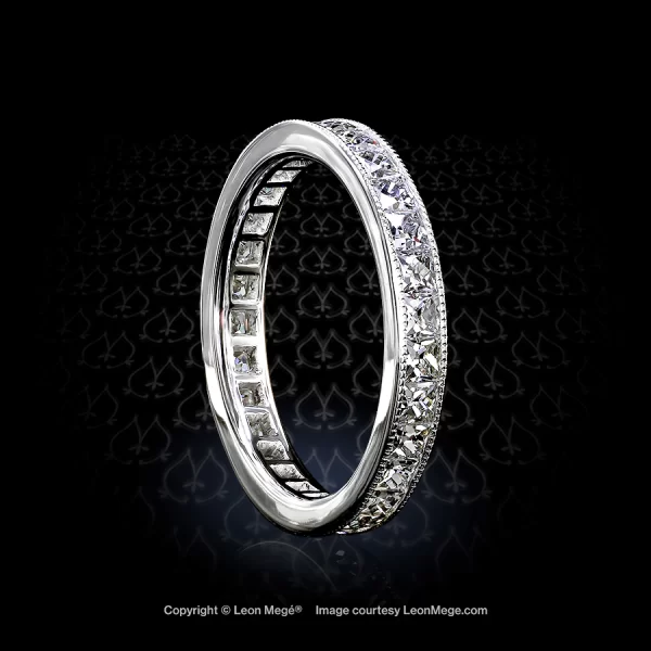Leon Megé French cut diamonds in a hand-forged channel-set eternity band with millgrain edge r6836