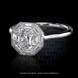 Leon Megé bespoke engagement ring with an Asscher cut diamond in a halo of step-cut diamonds r7418