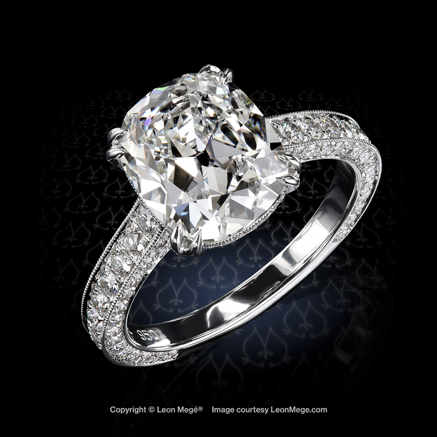 Leon Megé 313™ bespoke solitaire with a True Antique™ cushion diamond in bright-cut pave with millgrain r8550