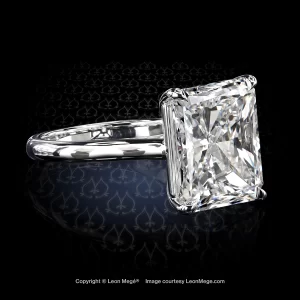 Leon Megé bespoke platinum solitaire with a Radiant cut natural diamond in single claw prongs r8558