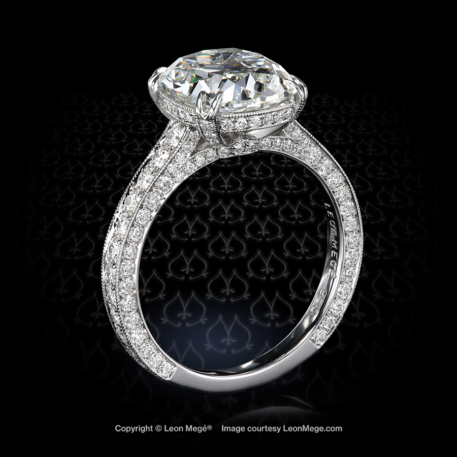 Leon Megé 313™ bespoke solitaire with a True Antique™ cushion diamond in bright-cut pave with millgrain r8945