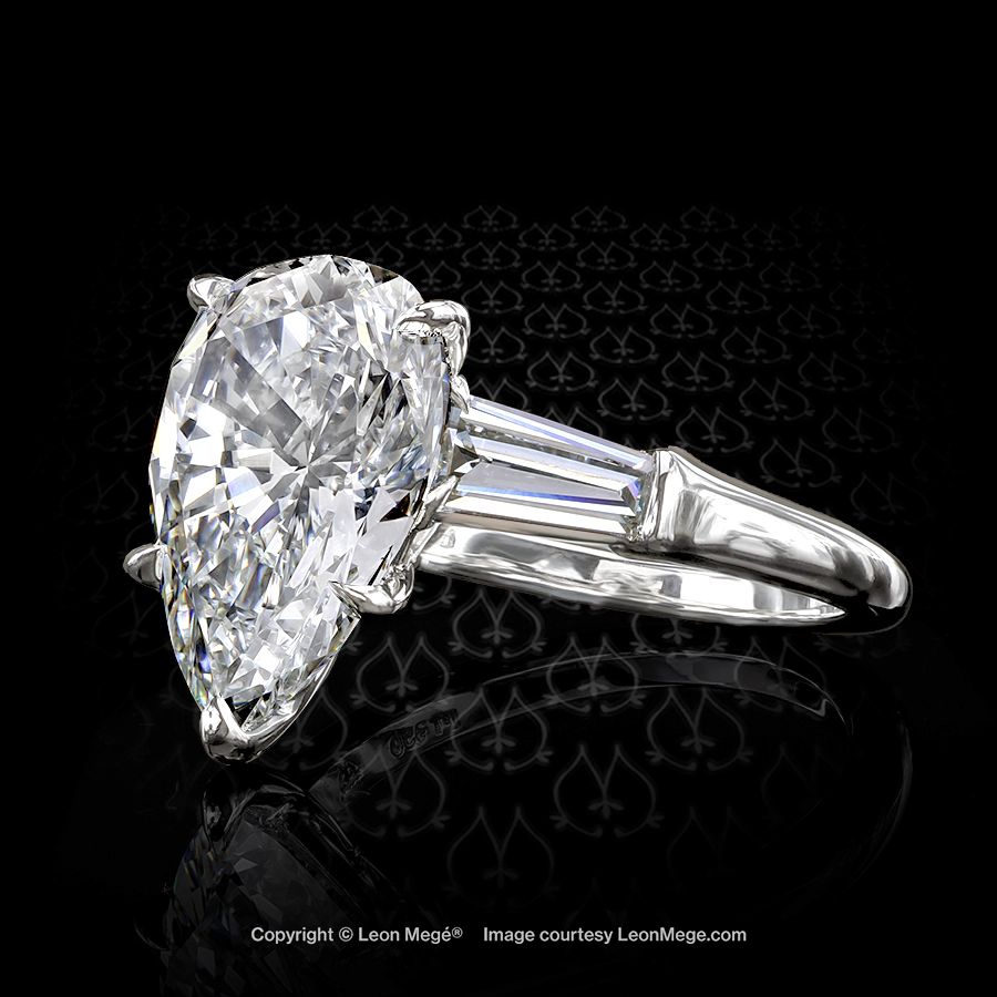Leon Megé classic three-stone ring with a pear-shaped diamond and tapered baguettes r7070