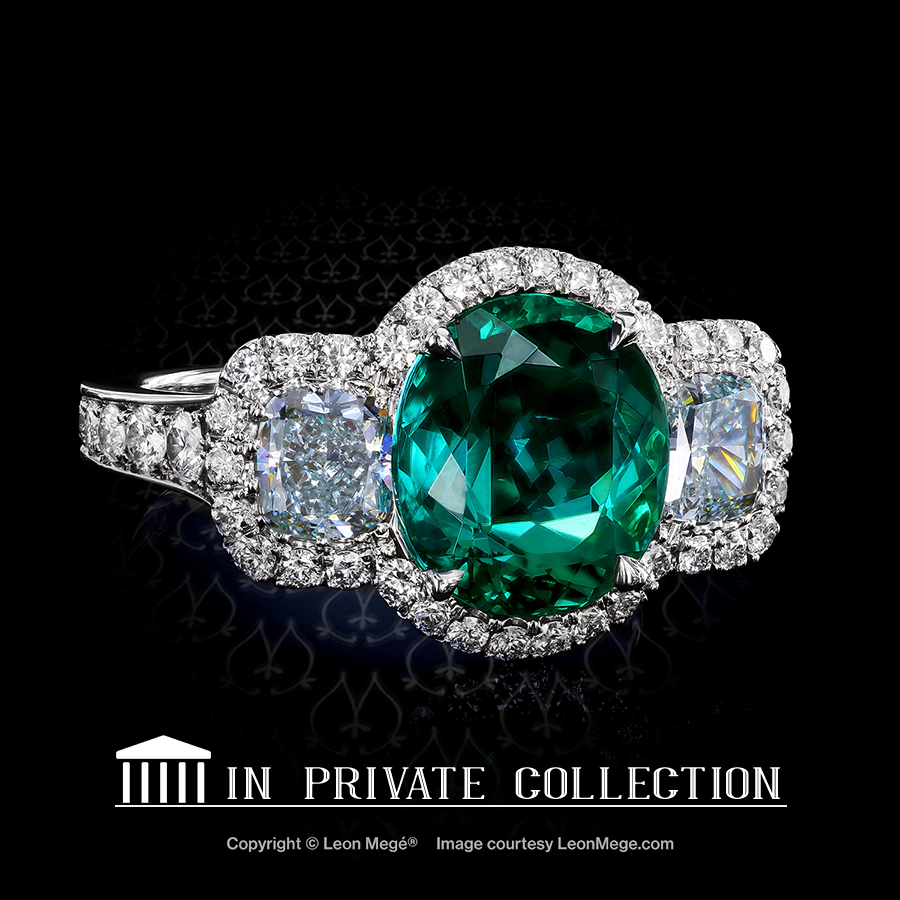 Leon Megé exquisite "Montpassier™" ring with a rare Paraiba tourmaline and natural green diamonds all encased in micro pave r7463