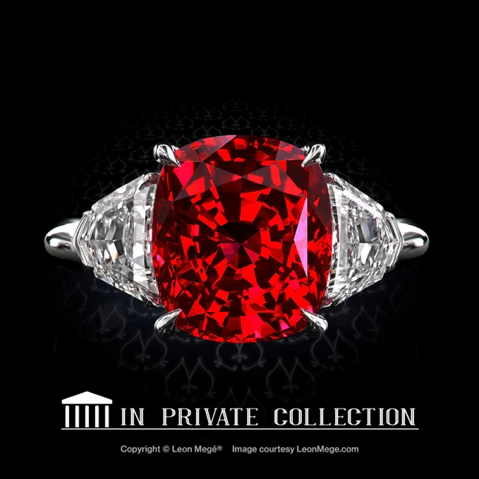 Leon Megé hand-forged platinum three-stone ring with a natural Burma ruby and diamond shields r7844
