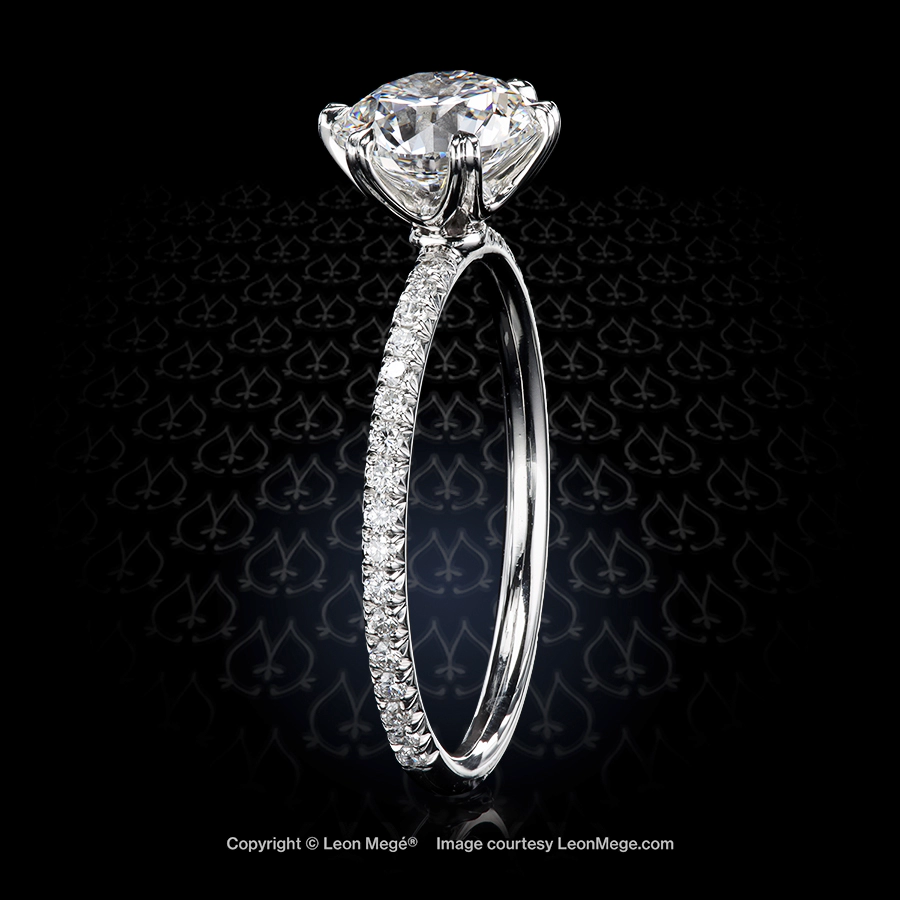 Leon Megé bespoke six-prong Tulip™ solitaire with a round diamond on a micro pave shank r8562