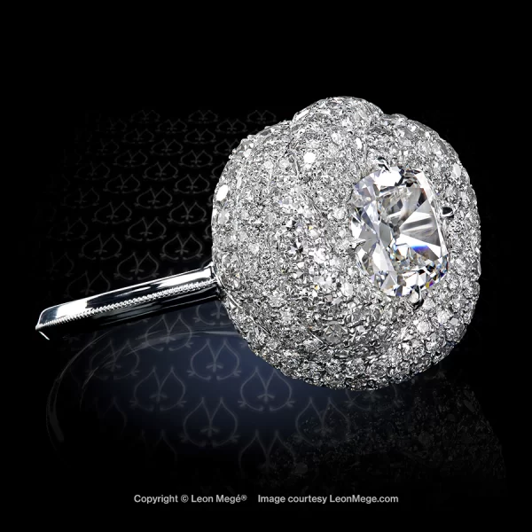 Leon Megé "Glacier" bespoke ring with a True Antique™ cushion diamond and random pave r8581