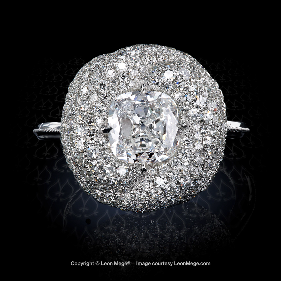 Leon Megé "Glacier" bespoke ring with a True Antique™ cushion diamond and random pave r8581