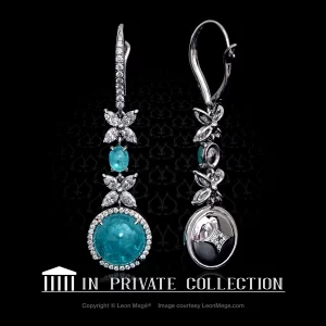 Leon Mege Brazilian Paraiba cabs in a pair of bespoke platinum drops with diamonds on a French wire e763